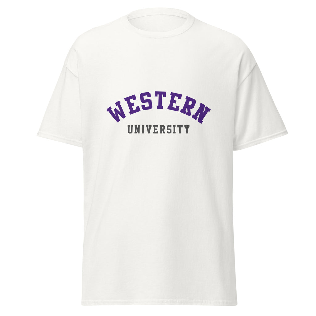 Unisex classic tee featuring Western University name and branding in purple and white