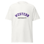 Unisex classic tee featuring Western University name and branding in purple and white