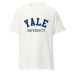 Unisex burgundy t-shirt featuring Yale University logo printed across the front chest