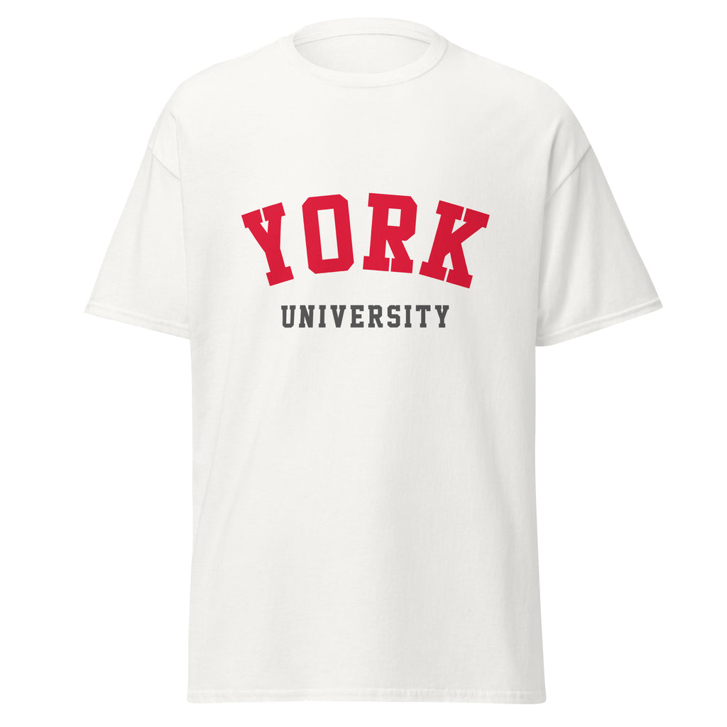 Unisex white t-shirt featuring York University logo printed across the front chest