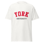 Unisex white t-shirt featuring York University logo printed across the front chest