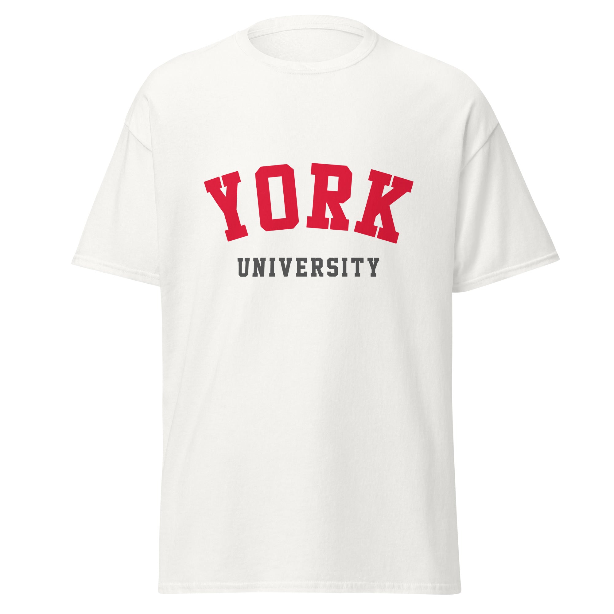 Unisex white t-shirt featuring York University logo printed across the front chest