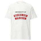 Unisex black t-shirt featuring University of Wisconsin-Madison logo printed across the front chest