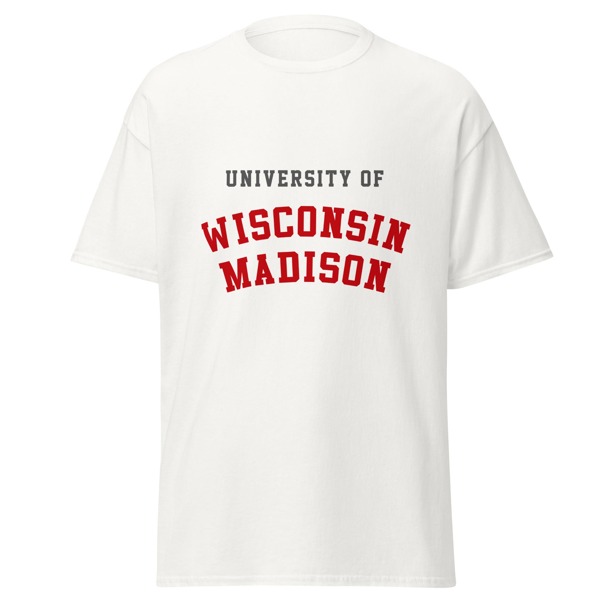 Unisex black t-shirt featuring University of Wisconsin-Madison logo printed across the front chest
