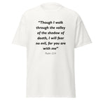 Unisex heather gray t-shirt with Psalm 23:4 Bible verse printed in black text on front
