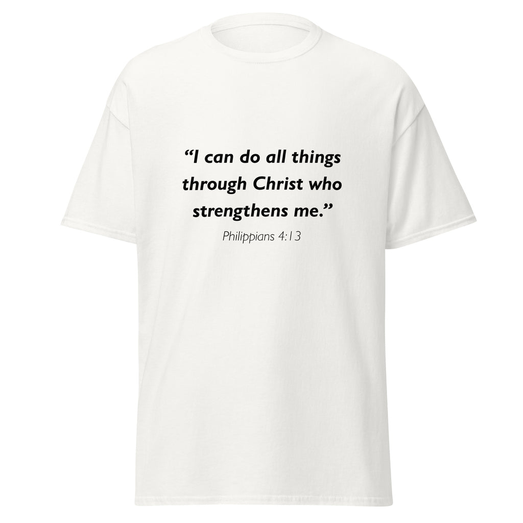 Unisex black t-shirt with Philippians 4:13 Bible verse printed in black text on front