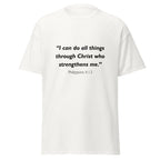 Unisex black t-shirt with Philippians 4:13 Bible verse printed in black text on front