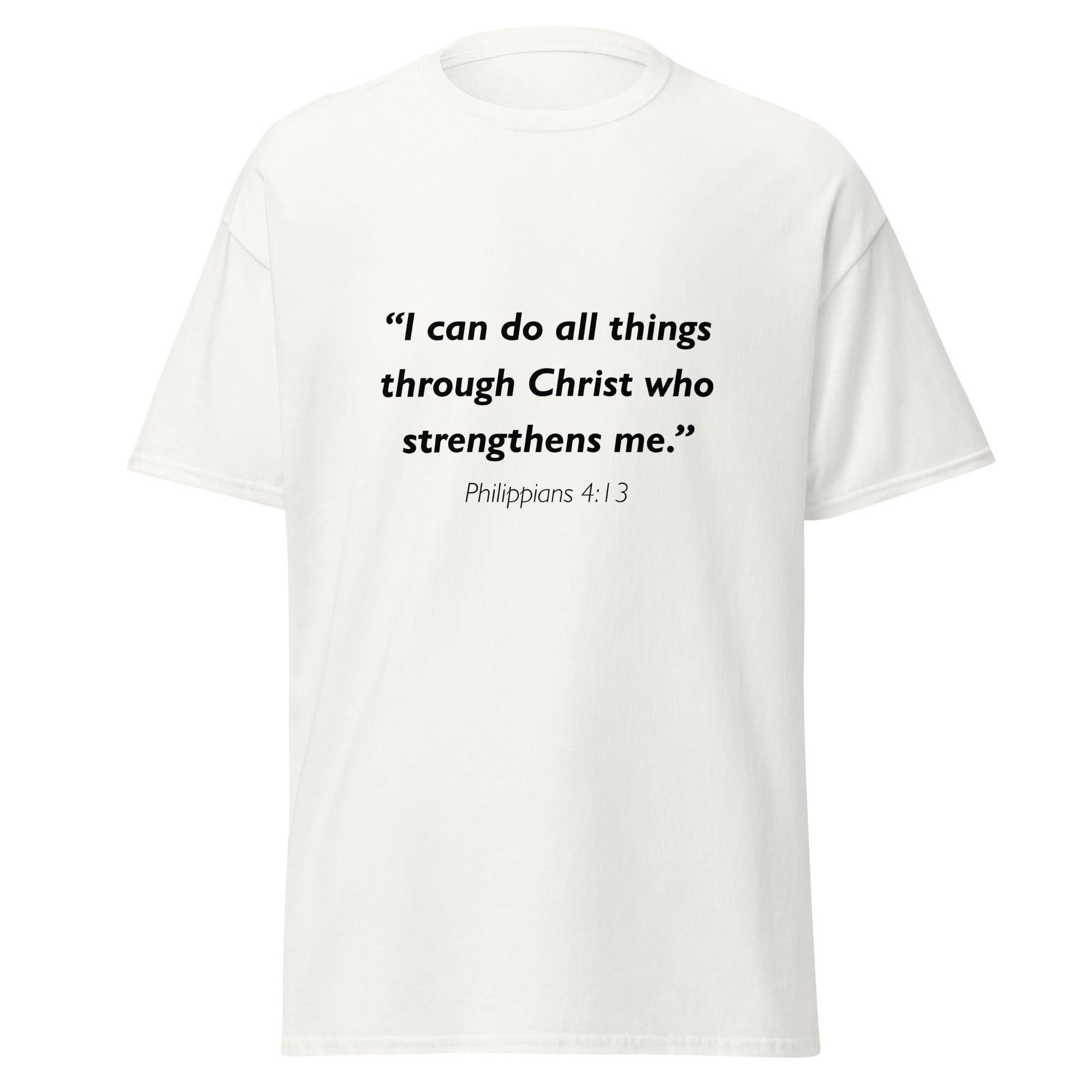 Unisex black t-shirt with Philippians 4:13 Bible verse printed in black text on front