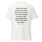 Unisex black t-shirt with Proverbs 3:5-6 Bible verse printed in black text on front