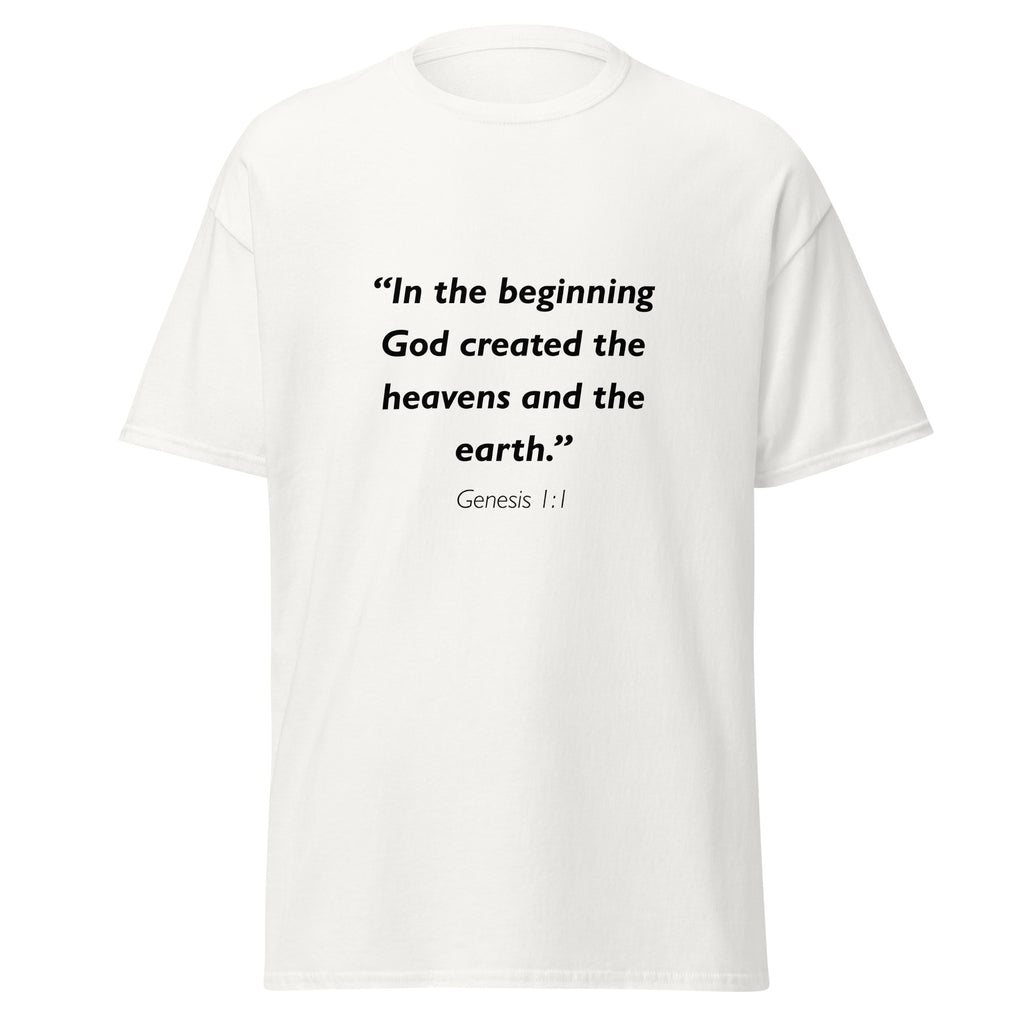 Unisex heather gray t-shirt with Genesis 1:1 Bible verse printed in black text on front