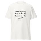 Unisex heather gray t-shirt with Genesis 1:1 Bible verse printed in black text on front