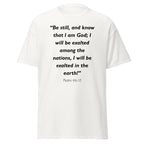 Unisex heather gray t-shirt with Psalm 46:10 Bible verse printed in black text on front
