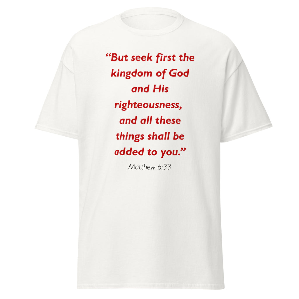 Unisex black t-shirt with Matthew 6:33 Bible verse printed in red text on front