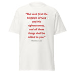Unisex black t-shirt with Matthew 6:33 Bible verse printed in red text on front