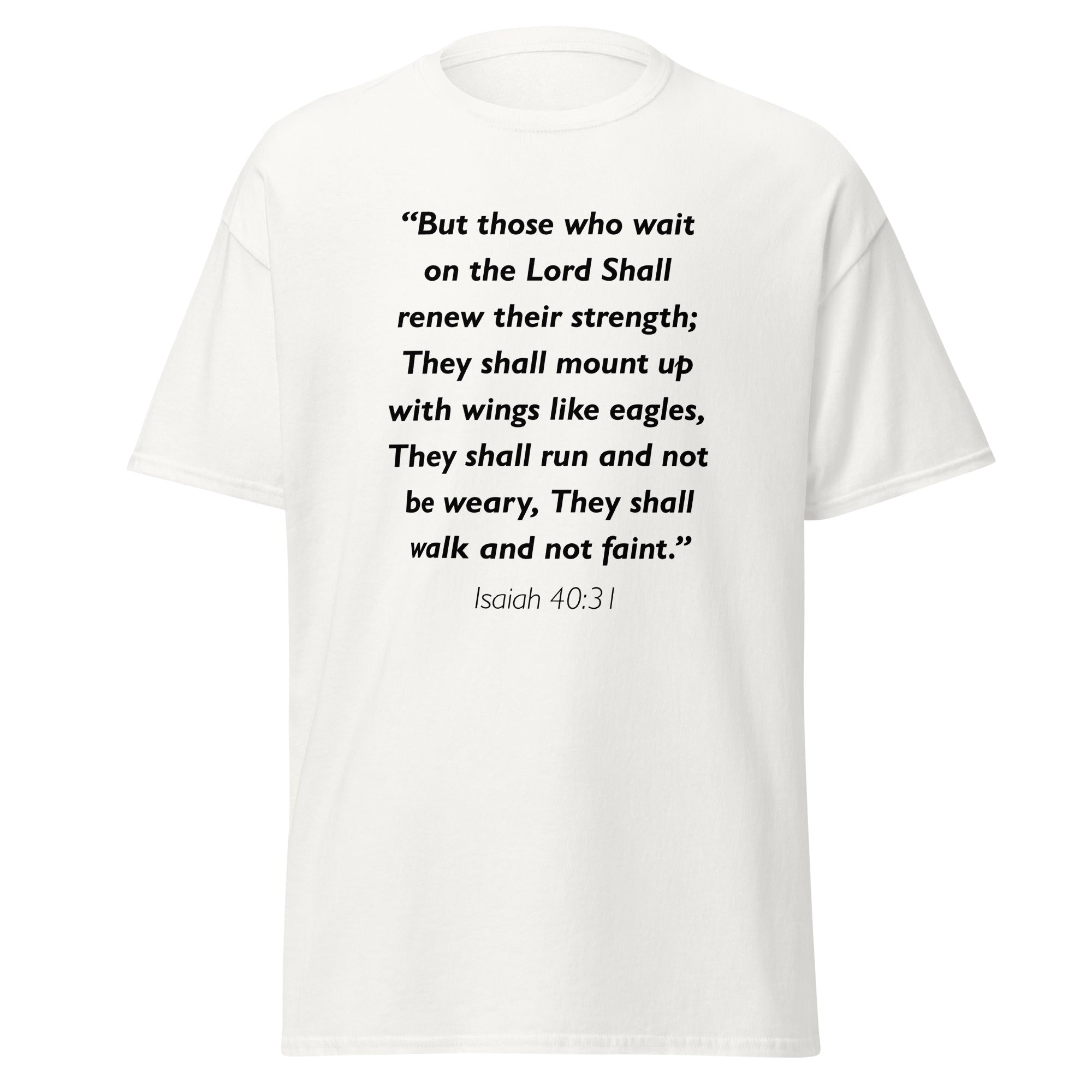 Unisex heather gray t-shirt with Isaiah 40:31 Bible verse printed in black text on front