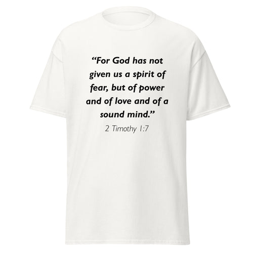 Unisex heather gray t-shirt with 2 Timothy 1:7 Bible verse printed in black text on front
