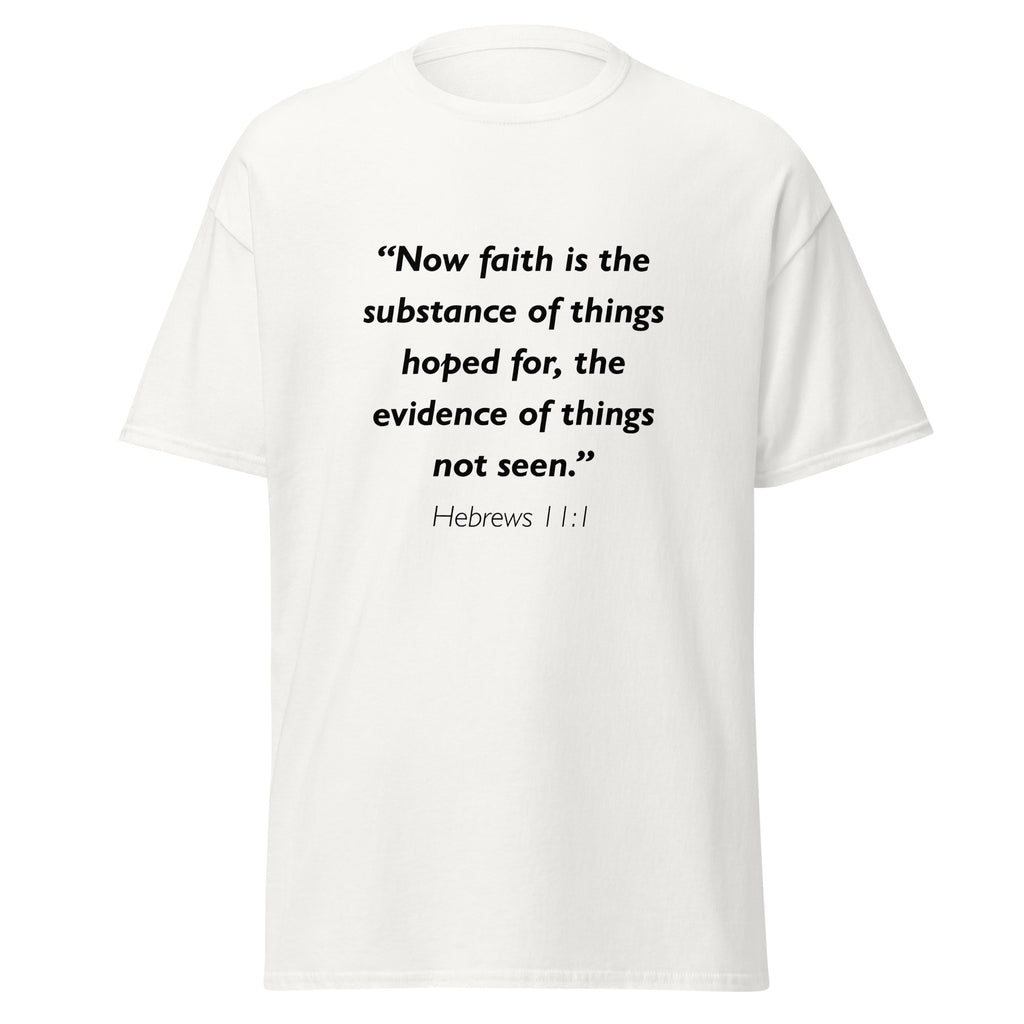 Unisex heather gray t-shirt with Hebrews 11:1 Bible verse printed in black text on front