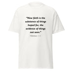 Unisex heather gray t-shirt with Hebrews 11:1 Bible verse printed in black text on front