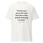 Unisex black t-shirt with Psalm 37:5 Bible verse printed in black text on front