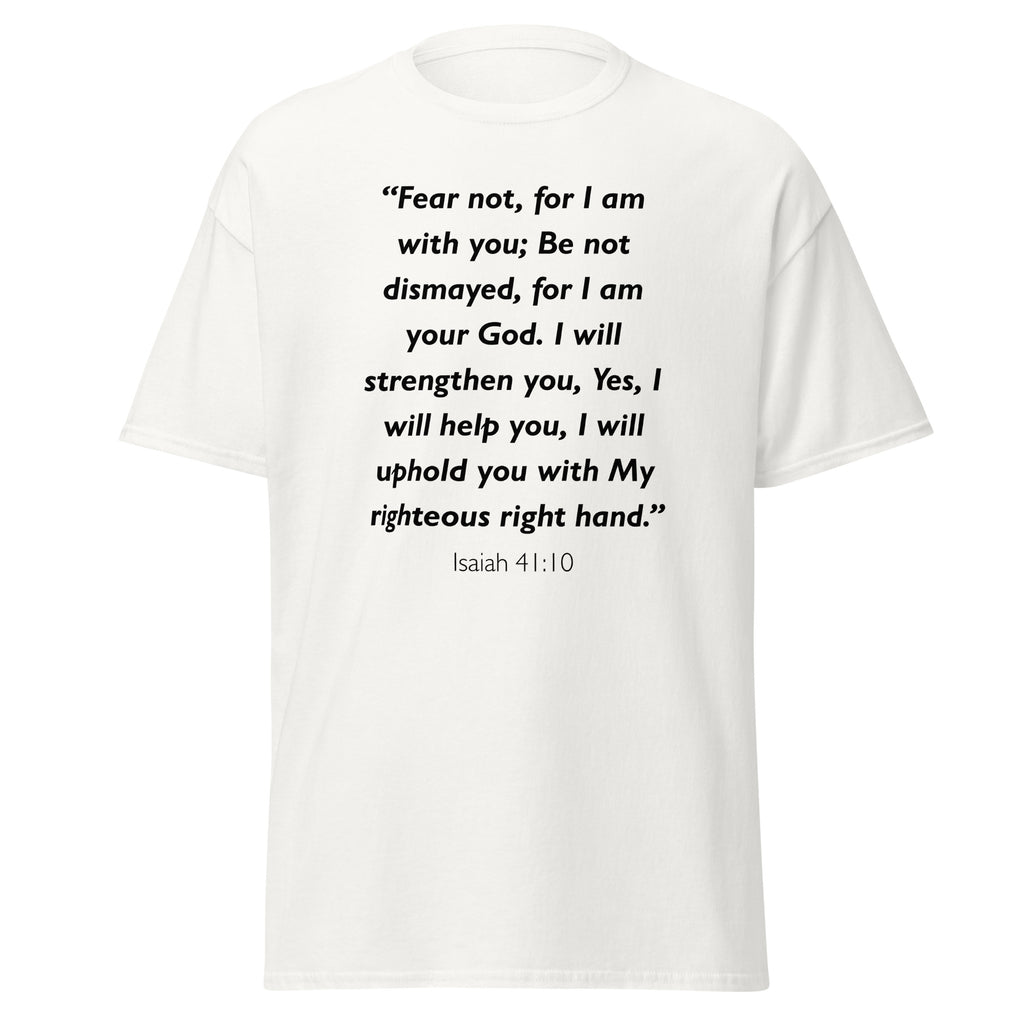 Unisex heather gray t-shirt with Isaiah 41:10 Bible verse printed in black text on front