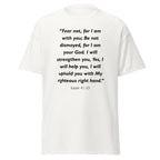 Unisex heather gray t-shirt with Isaiah 41:10 Bible verse printed in black text on front