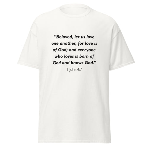 Unisex heather gray t-shirt with 1 John 4:7 Bible verse printed in black text on front