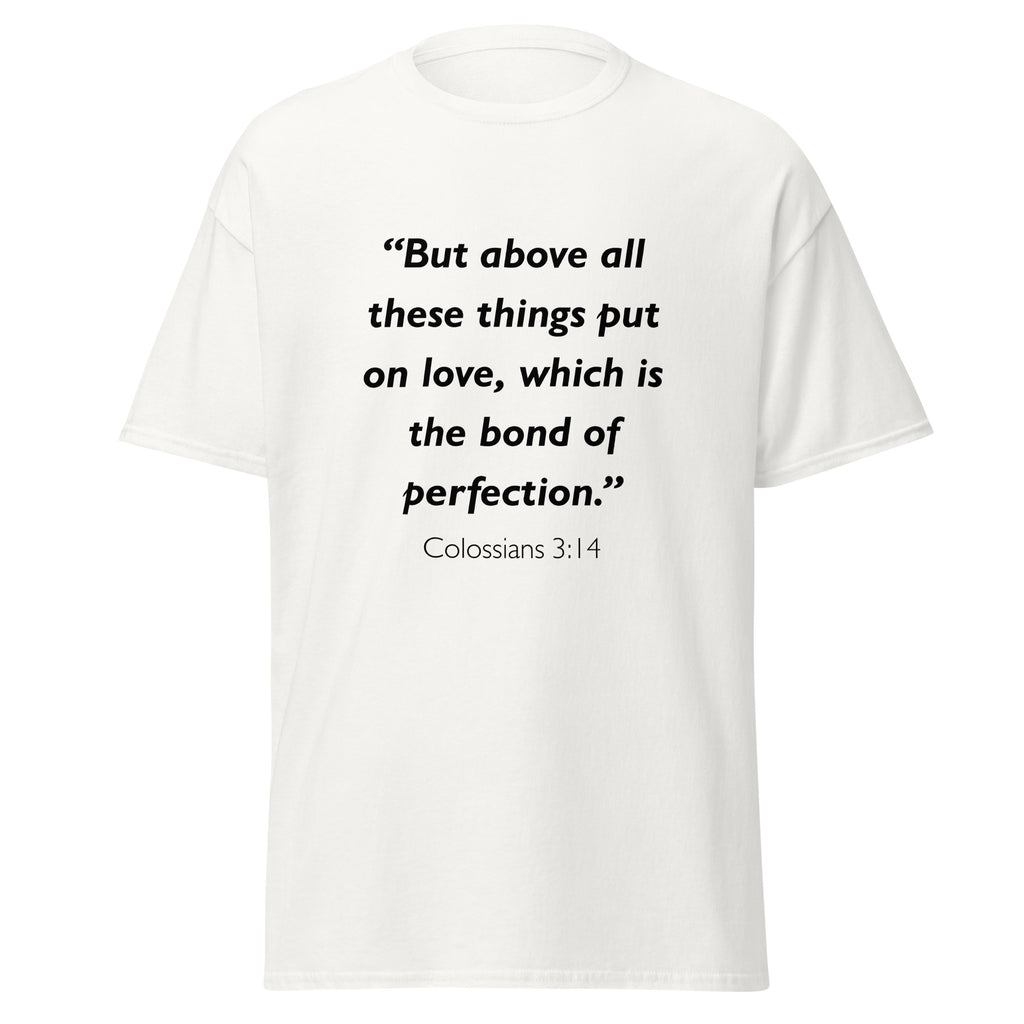 Unisex black t-shirt with Colossians 3:14 Bible verse printed in black text on front