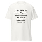 Unisex black t-shirt with Colossians 3:14 Bible verse printed in black text on front