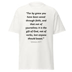 Unisex black t-shirt with Ephesians 2:8-9 Bible verse printed in black text on front