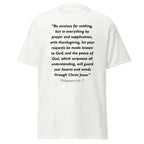 Unisex black t-shirt with Philippians 4:6-7 Bible verse printed in black text on front