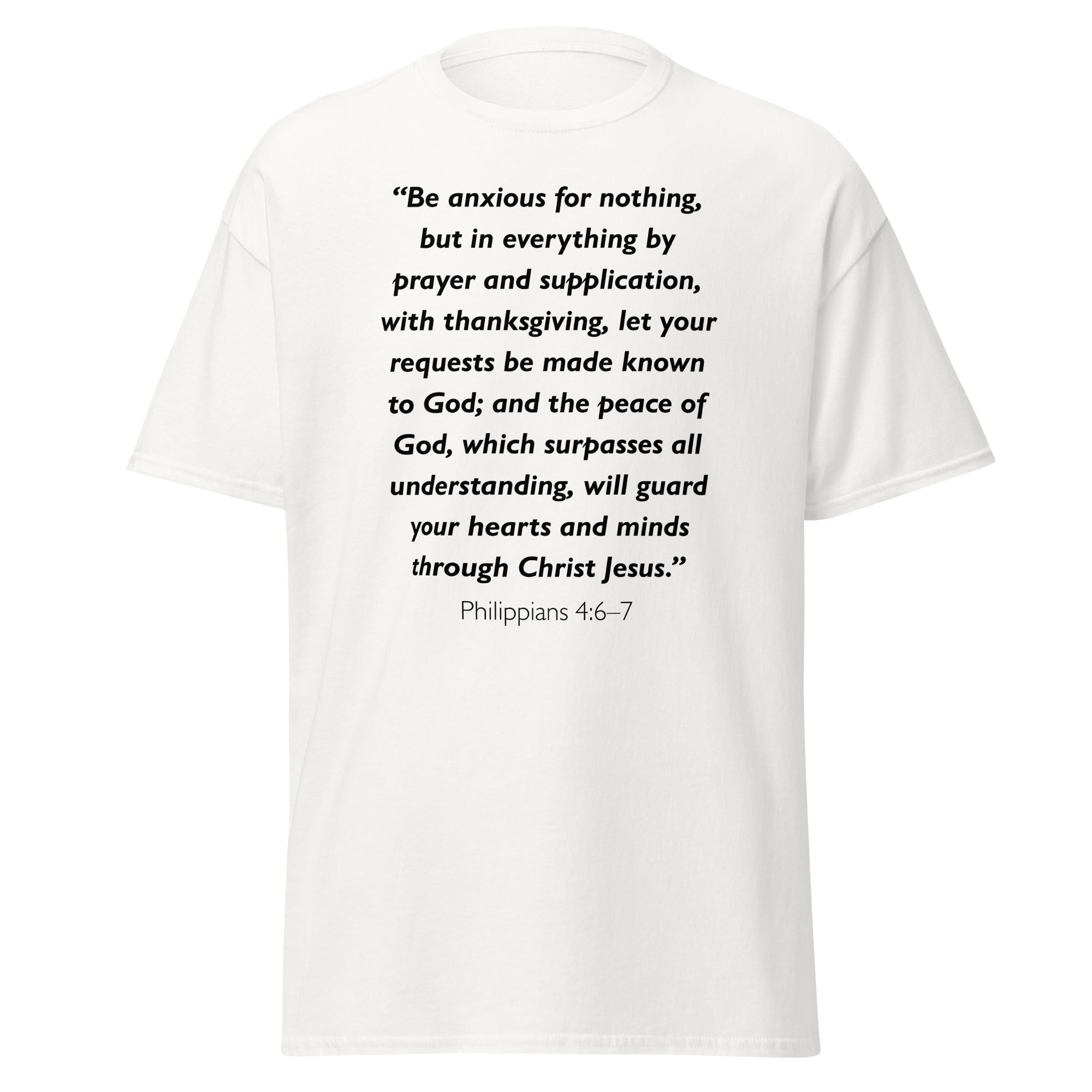 Unisex black t-shirt with Philippians 4:6-7 Bible verse printed in black text on front