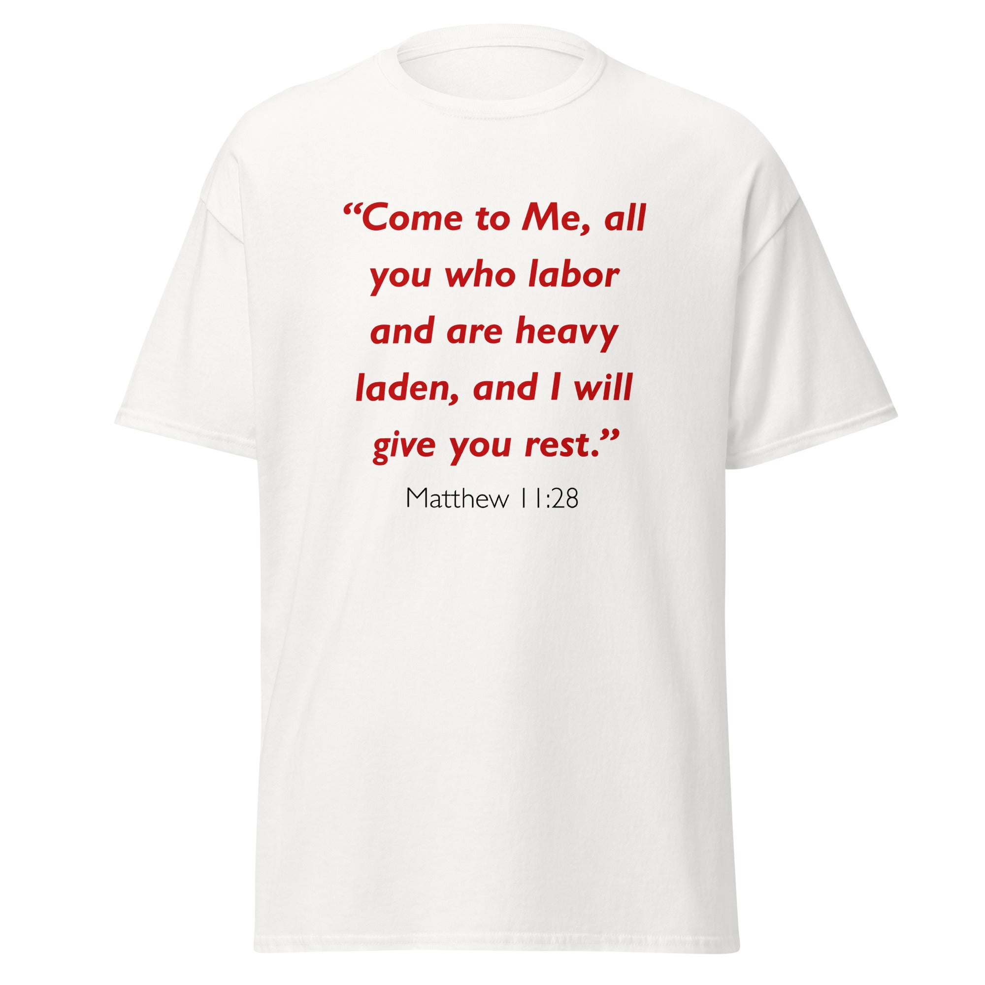 Unisex heather gray t-shirt with Matthew 11:28 Bible verse printed in red text on front