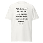 Unisex black t-shirt with Psalm 34:8 Bible verse printed in black text on front