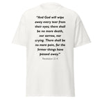Unisex black t-shirt with Revelation 21:4 Bible verse printed in black text on front