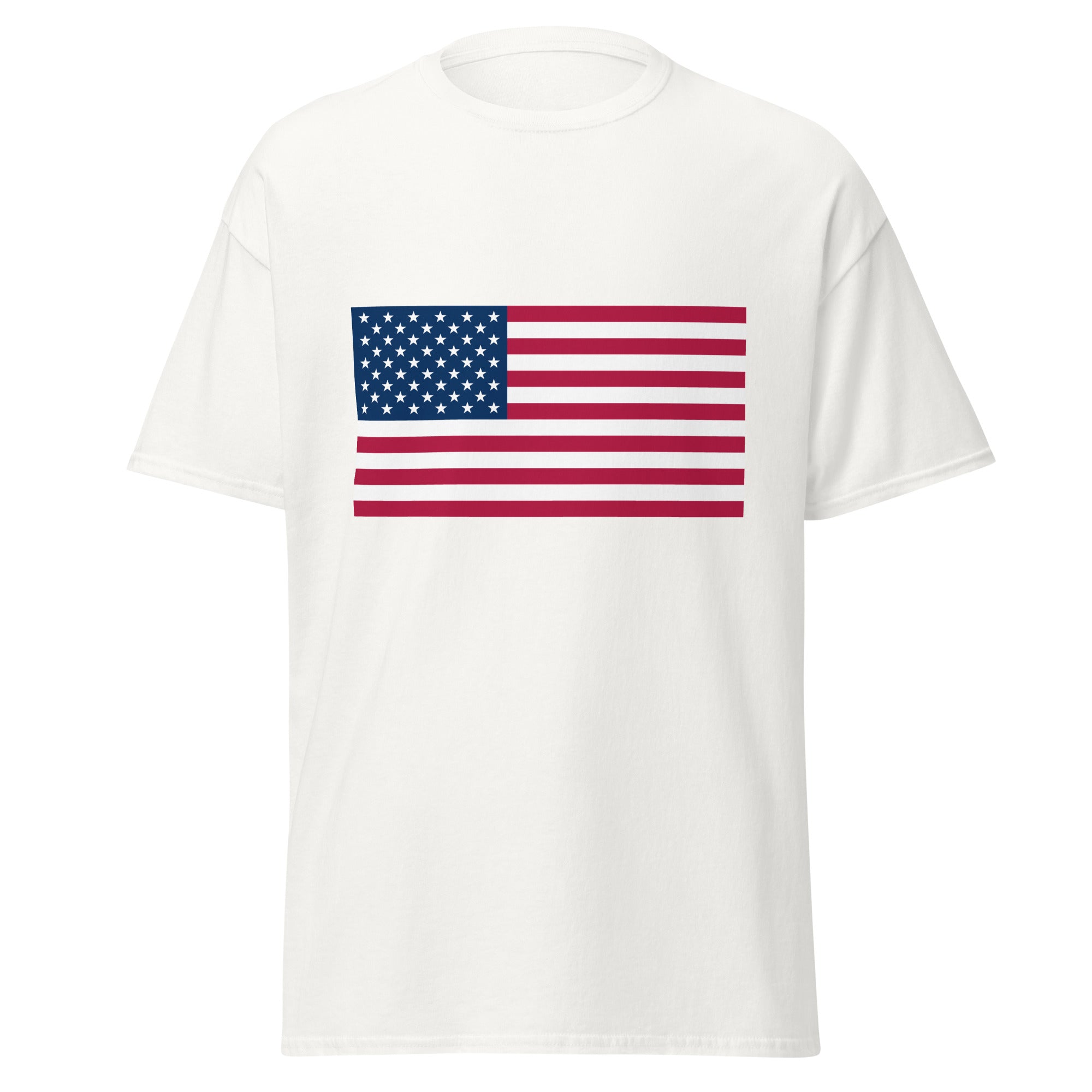 Unisex white t-shirt featuring American flag design printed across the front chest