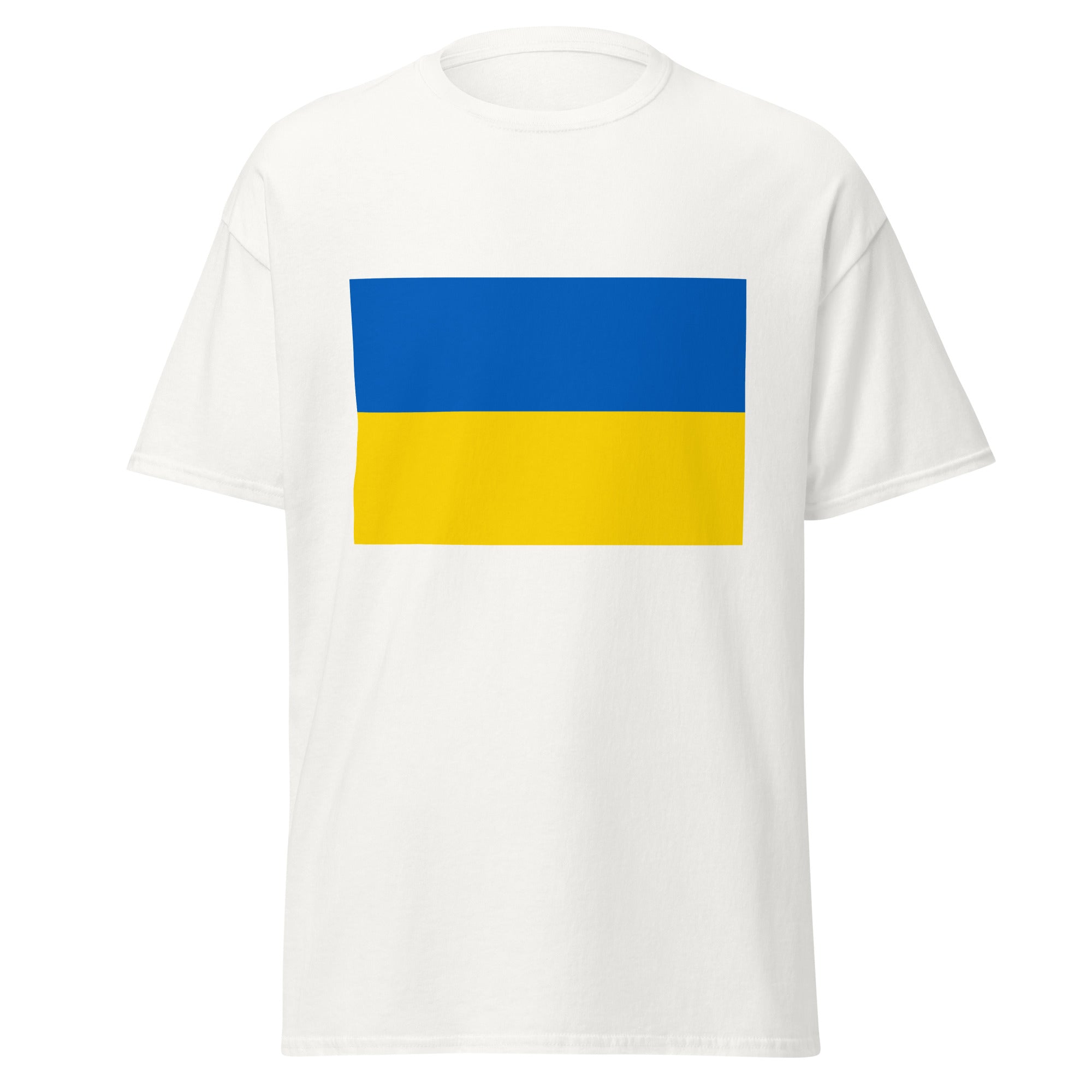 Unisex black t-shirt featuring Ukrainian flag design printed across the front chest