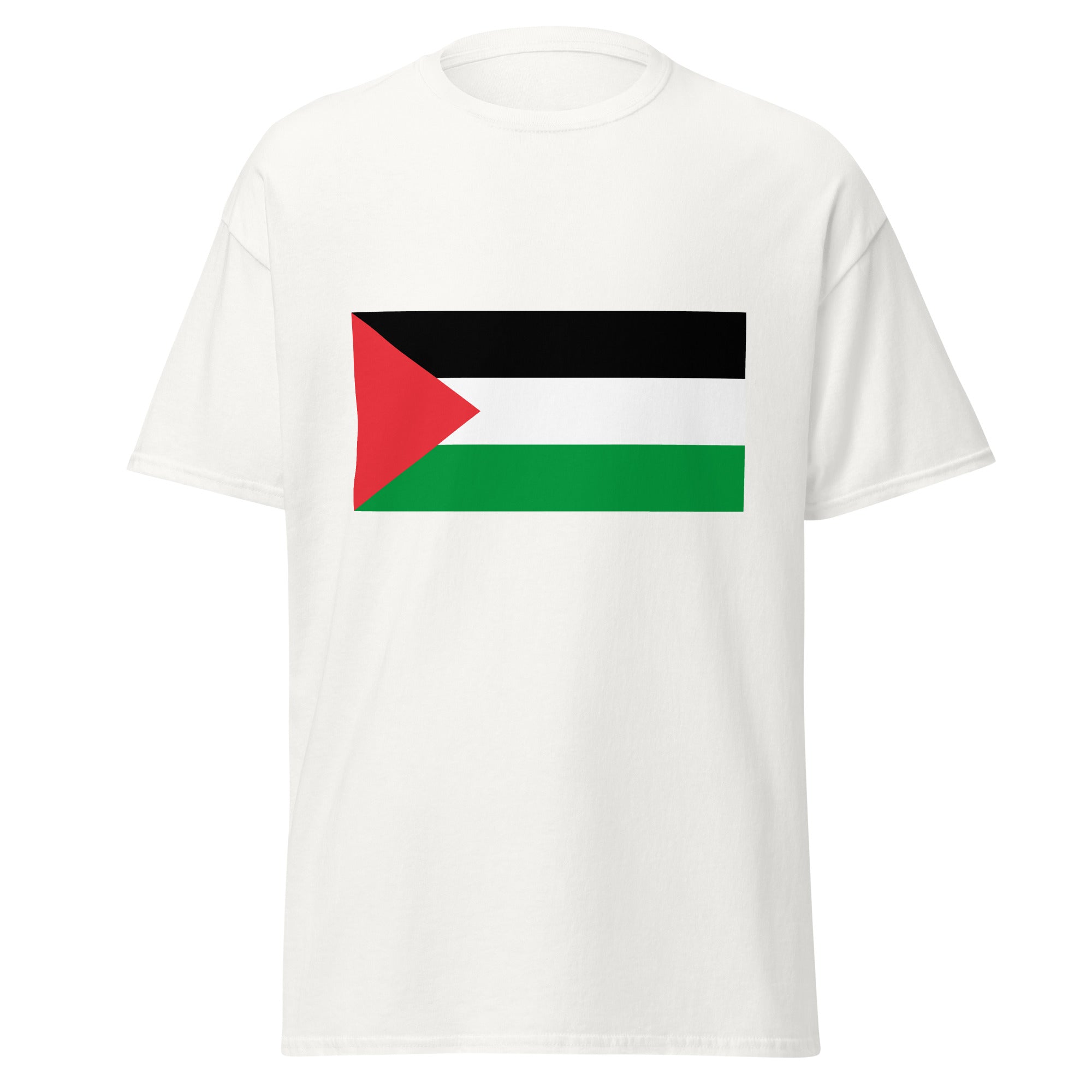 Unisex black t-shirt featuring Palestinian flag design printed across the front chest