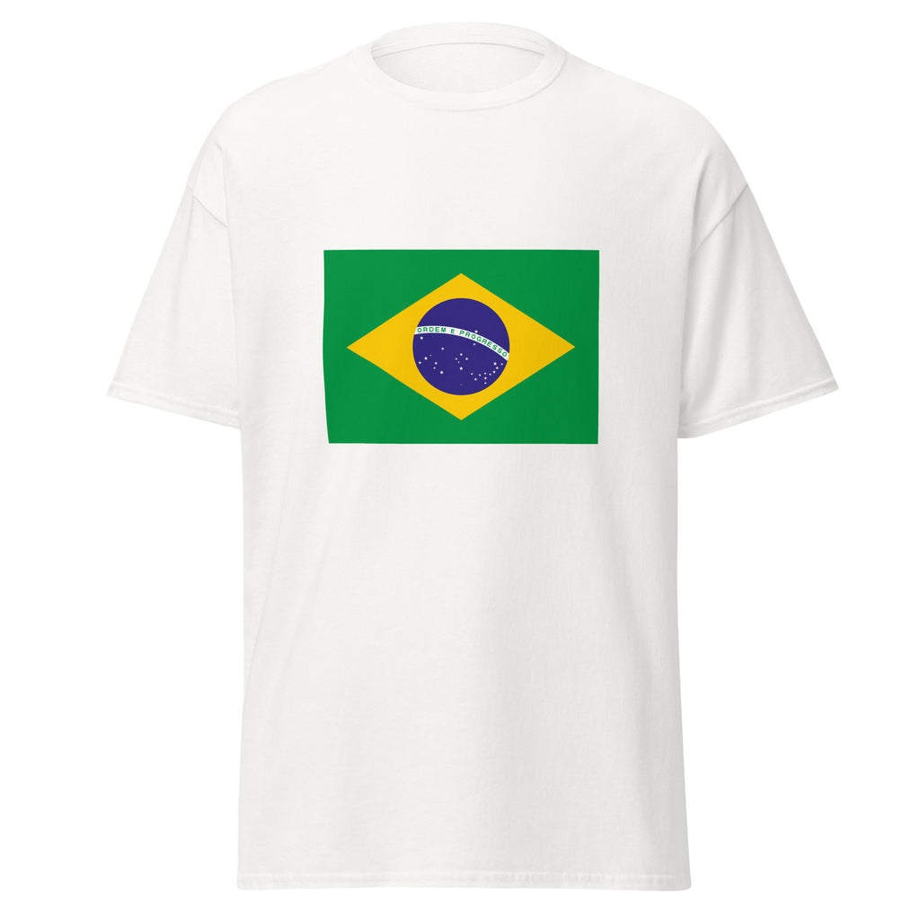 Unisex black t-shirt featuring Brazilian flag design printed across the front chest