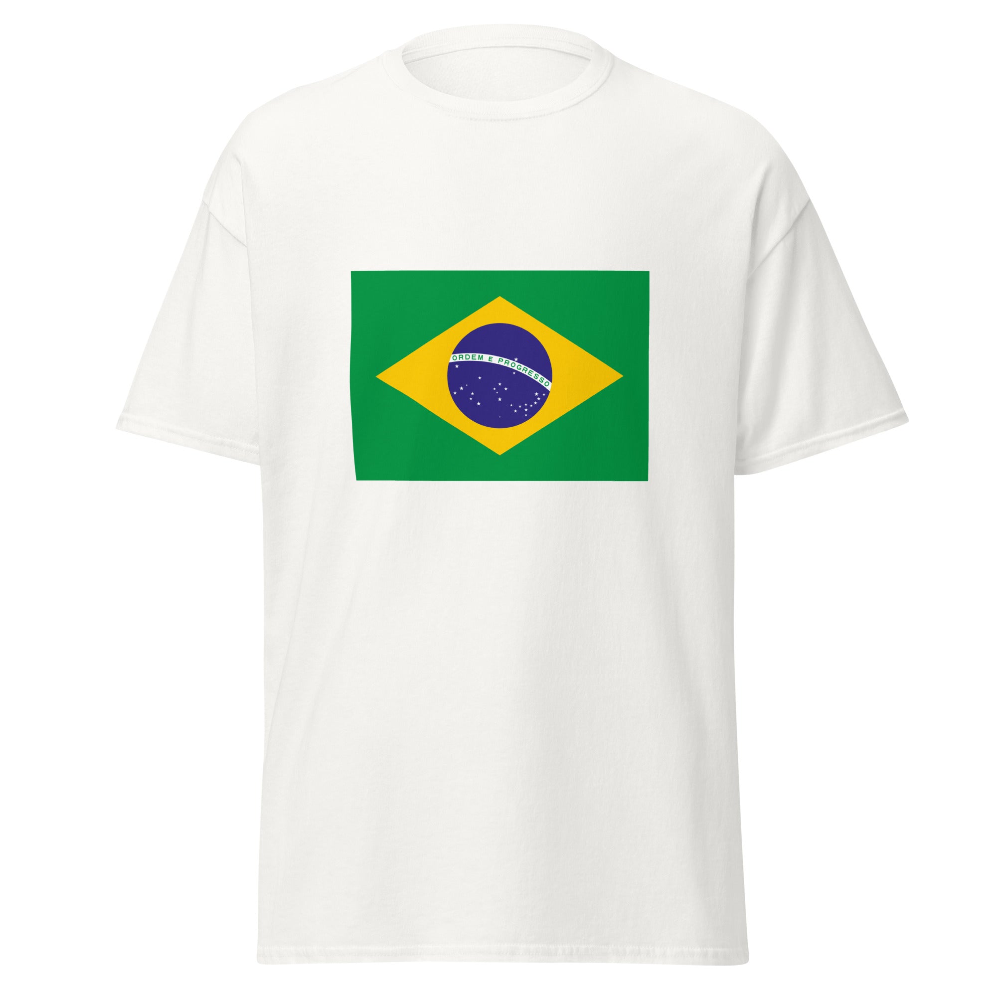 Unisex black t-shirt featuring Brazilian flag design printed across the front chest