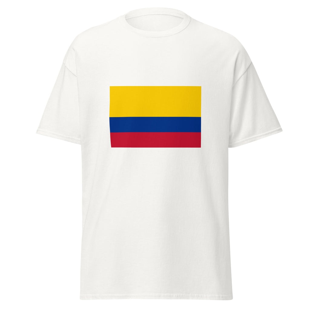Unisex black t-shirt featuring Colombian flag design printed across the front chest