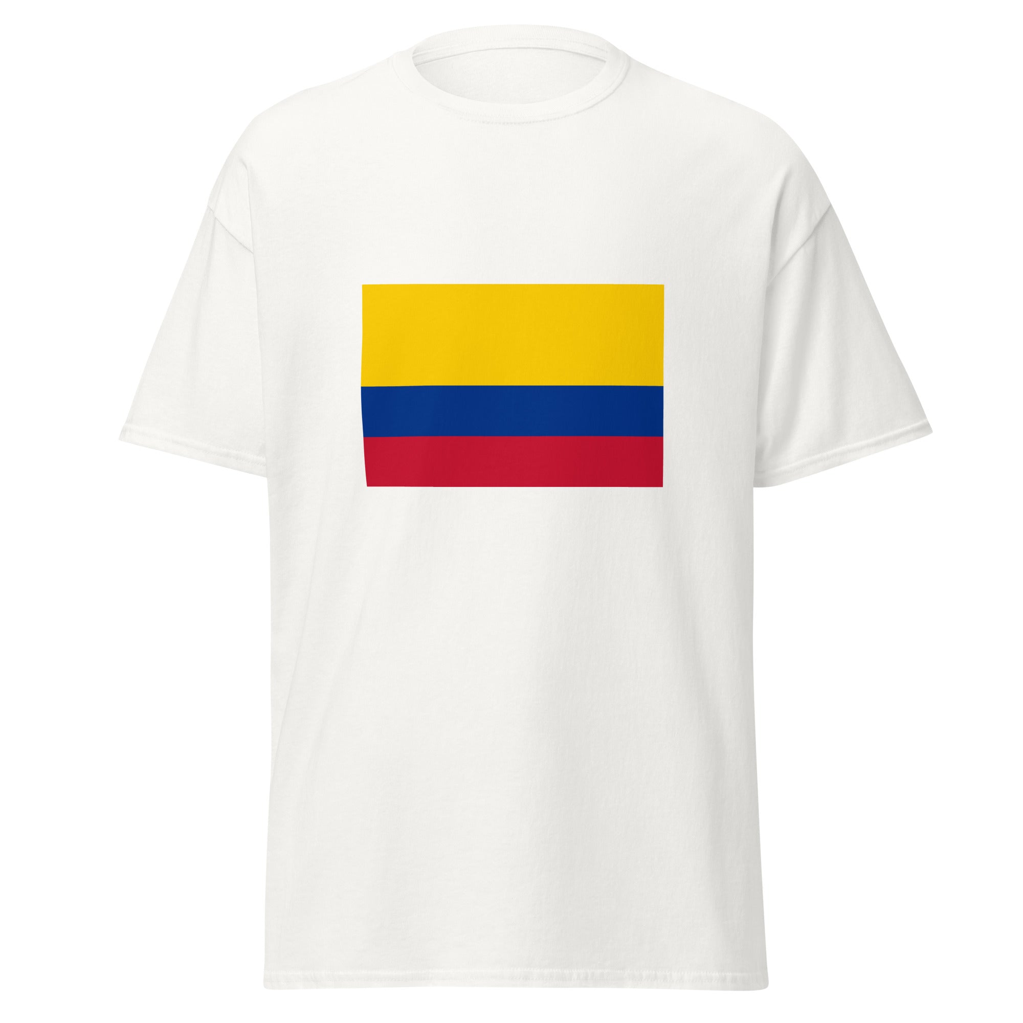 Unisex black t-shirt featuring Colombian flag design printed across the front chest