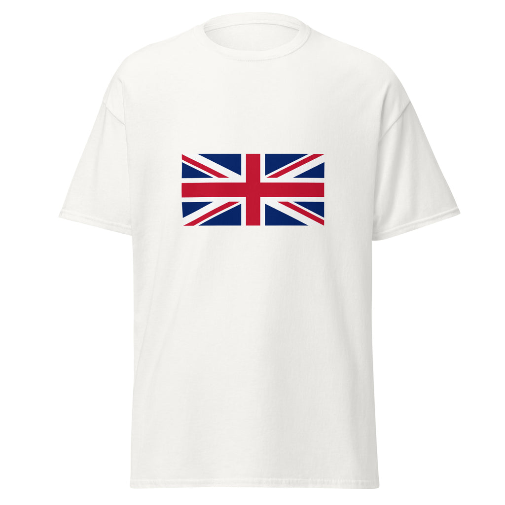 Unisex black t-shirt featuring British flag design printed across the front chest
