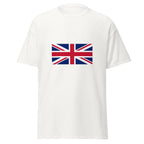 Unisex black t-shirt featuring British flag design printed across the front chest