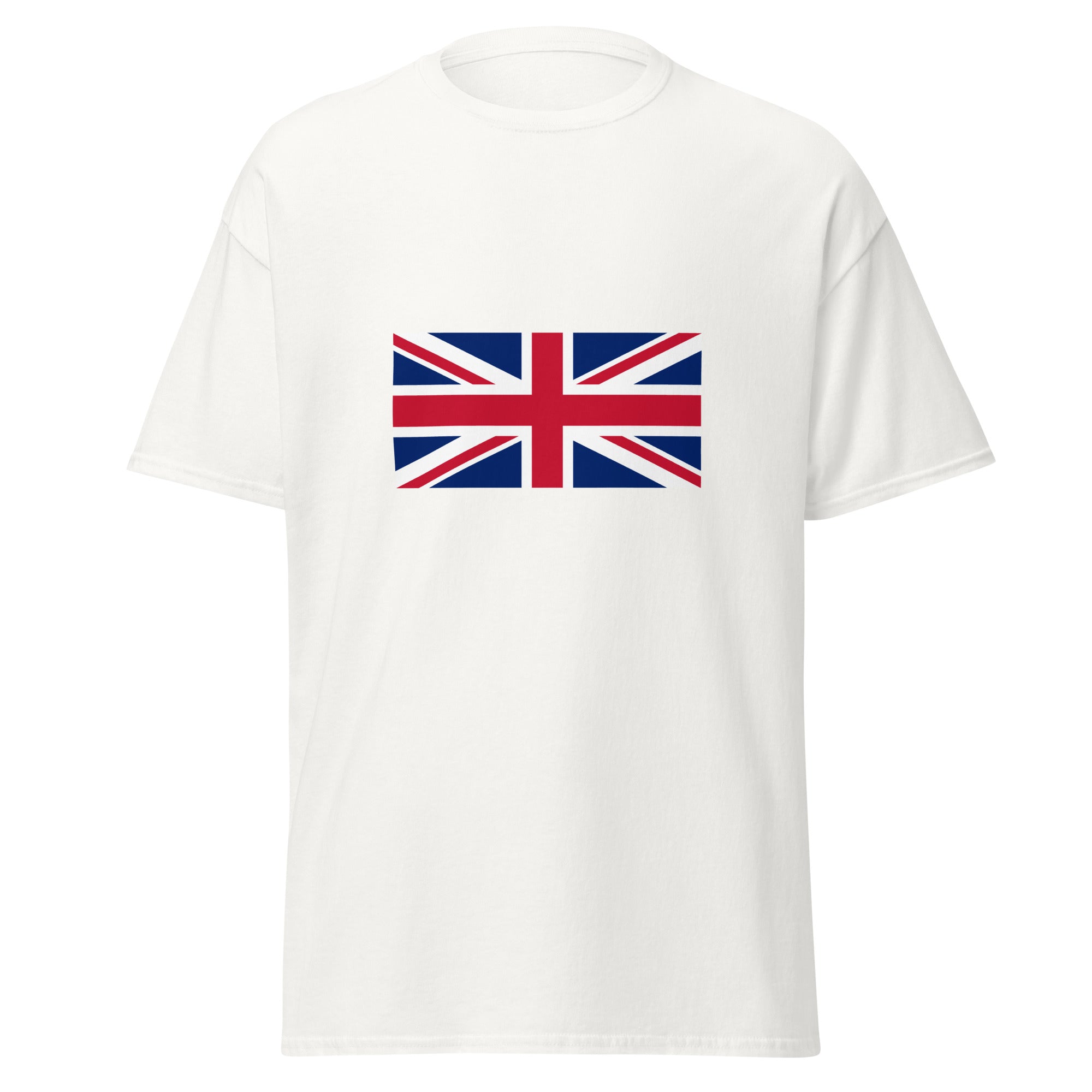 Unisex black t-shirt featuring British flag design printed across the front chest