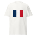 Unisex navy blue t-shirt featuring French flag design printed across the front chest