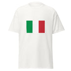 Unisex navy blue t-shirt featuring Italian flag design printed across the front chest