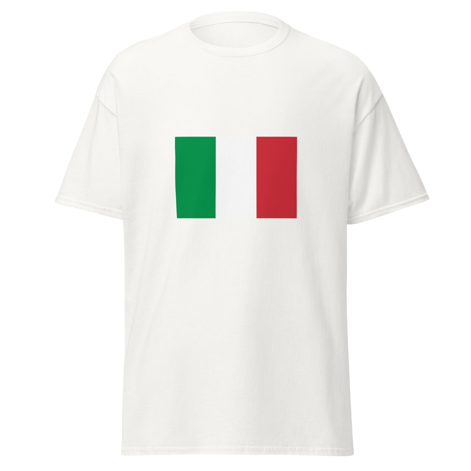 Unisex navy blue t-shirt featuring Italian flag design printed across the front chest