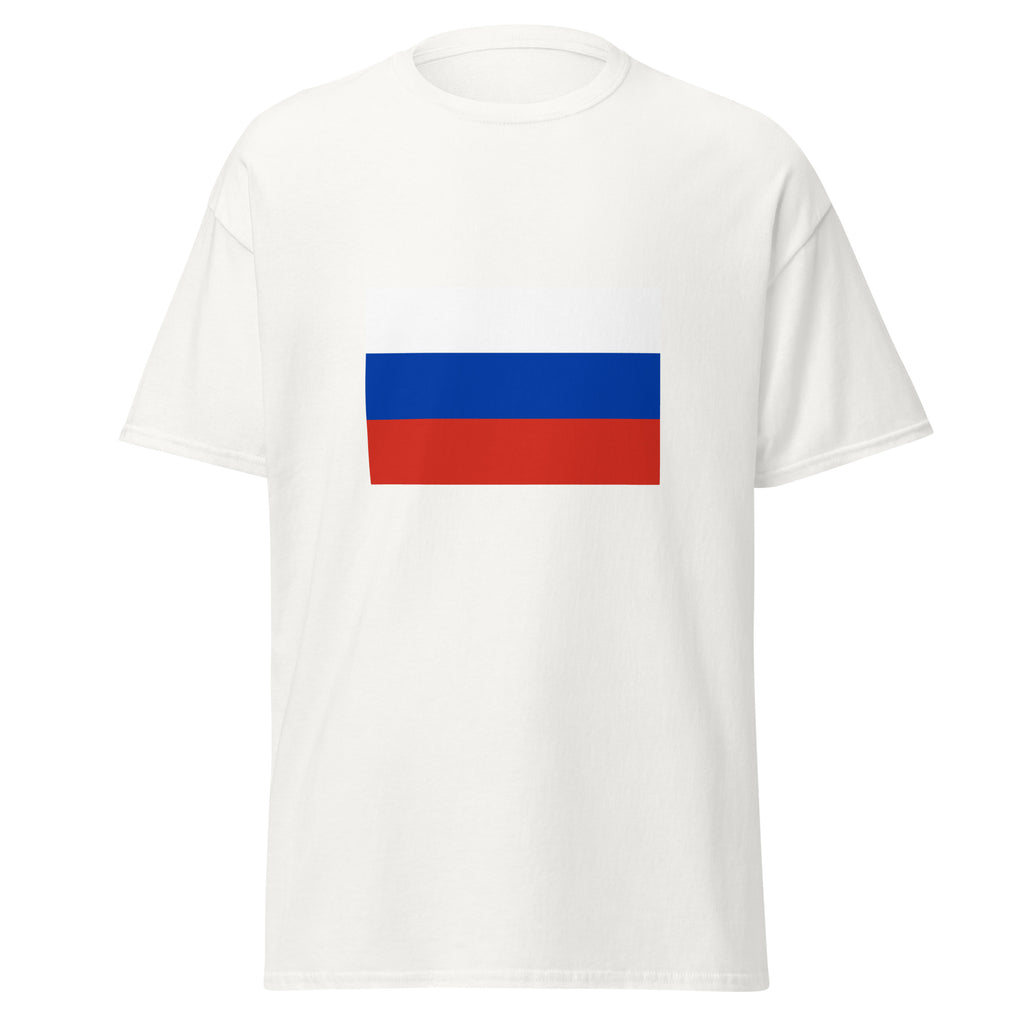Unisex navy blue t-shirt featuring Russian flag design printed across the front chest