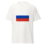 Unisex navy blue t-shirt featuring Russian flag design printed across the front chest