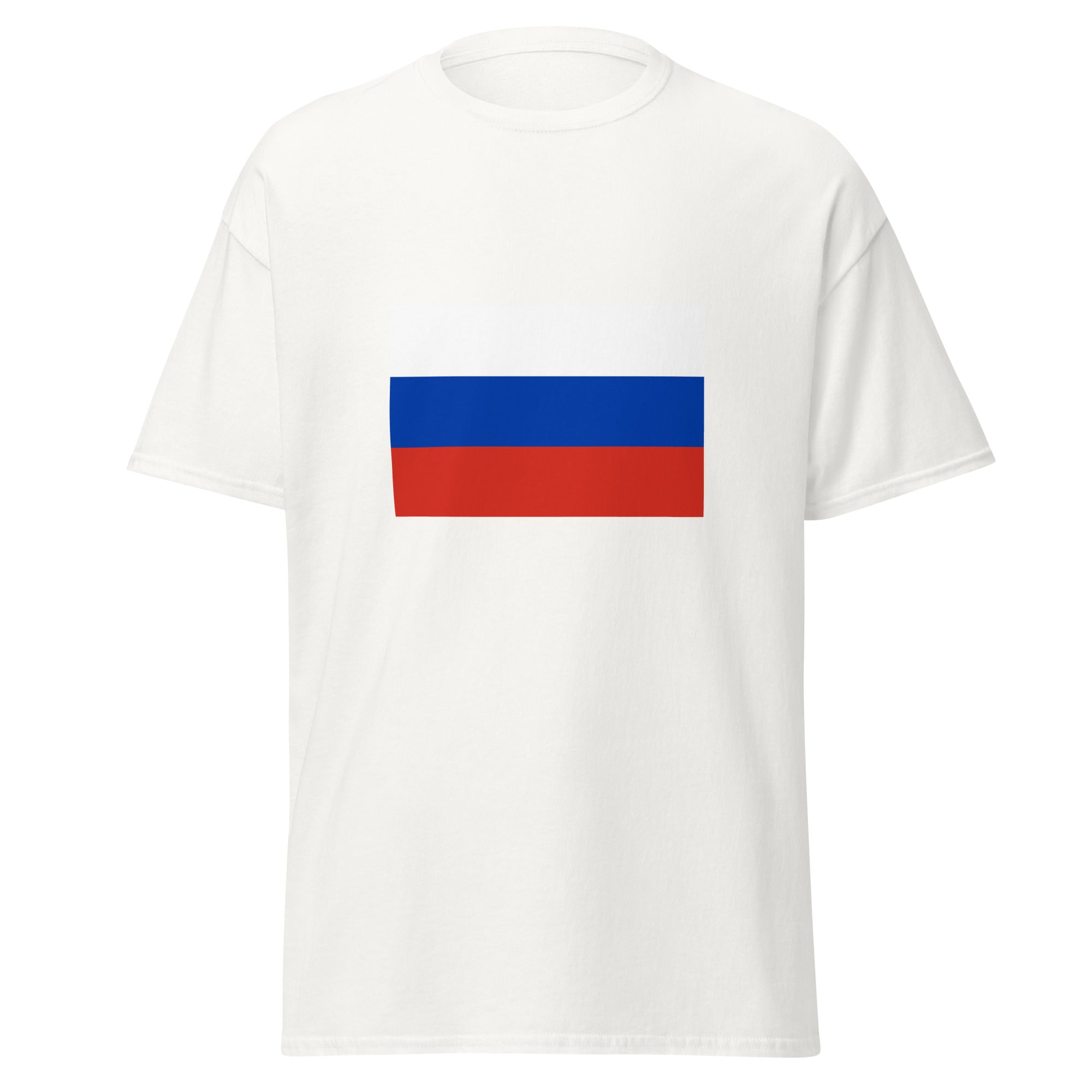 Unisex navy blue t-shirt featuring Russian flag design printed across the front chest